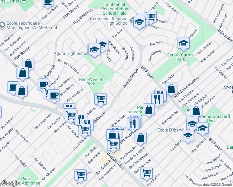 map of restaurants, bars, coffee shops, grocery stores, and more near 1519 Rue Bellevue in Longueuil