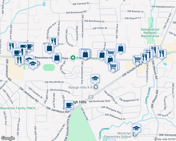 map of restaurants, bars, coffee shops, grocery stores, and more near 4850 Southwest Laurelwood Avenue in Portland