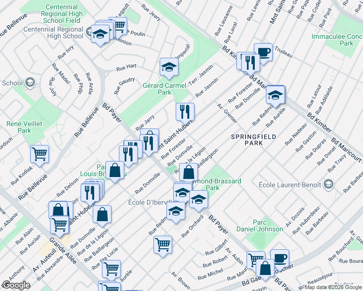 map of restaurants, bars, coffee shops, grocery stores, and more near 4795 Rue Forester in Longueuil