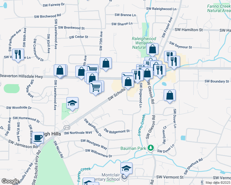 map of restaurants, bars, coffee shops, grocery stores, and more near 4905 Oregon 210 in Portland