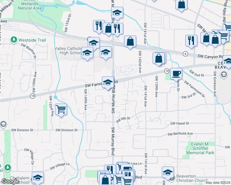 map of restaurants, bars, coffee shops, grocery stores, and more near 4880 Southwest Murray Boulevard in Beaverton