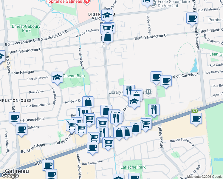 map of restaurants, bars, coffee shops, grocery stores, and more near 220 Boulevard de l'Hôpital in Gatineau