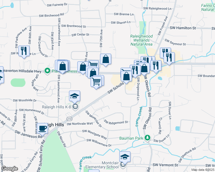 map of restaurants, bars, coffee shops, grocery stores, and more near 4929 Oregon 210 in Portland