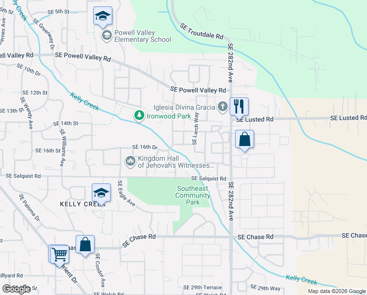 map of restaurants, bars, coffee shops, grocery stores, and more near 5508 Southeast 16th Drive in Gresham