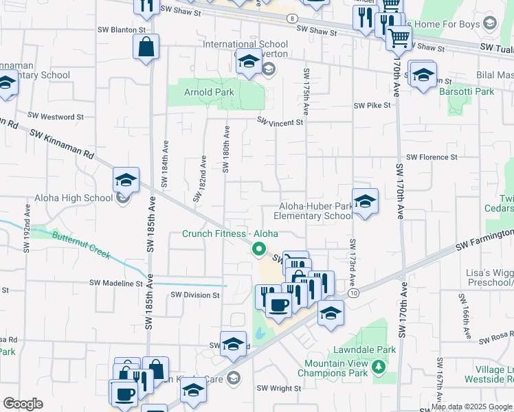 map of restaurants, bars, coffee shops, grocery stores, and more near 17955 Southwest Meadowbrook Way in Aloha