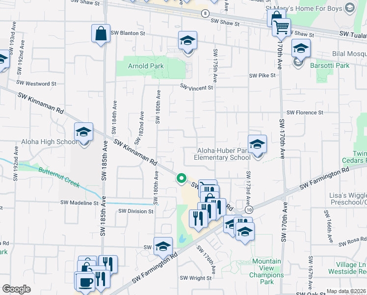 map of restaurants, bars, coffee shops, grocery stores, and more near 19909 Southwest Washington Drive in Aloha