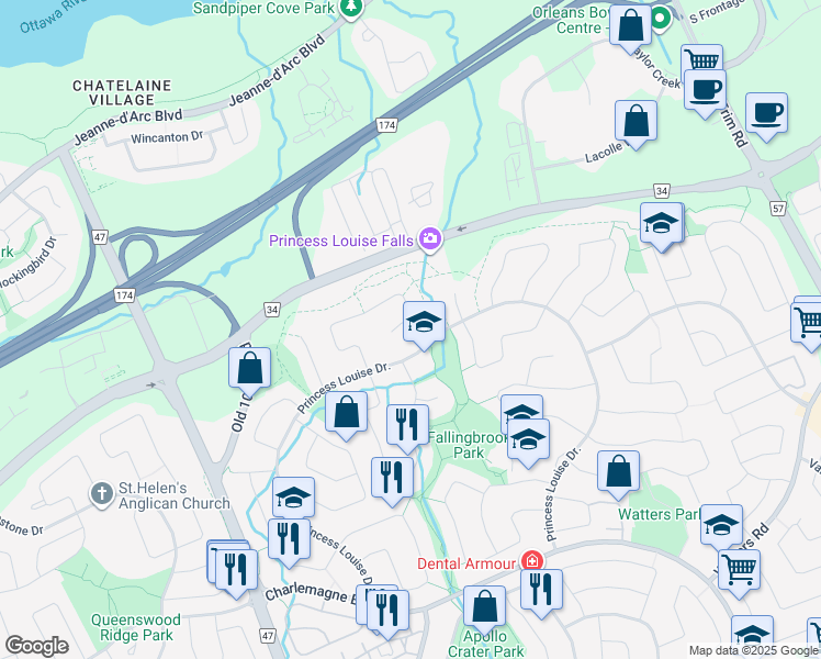map of restaurants, bars, coffee shops, grocery stores, and more near 628 Chantal Place in Ottawa