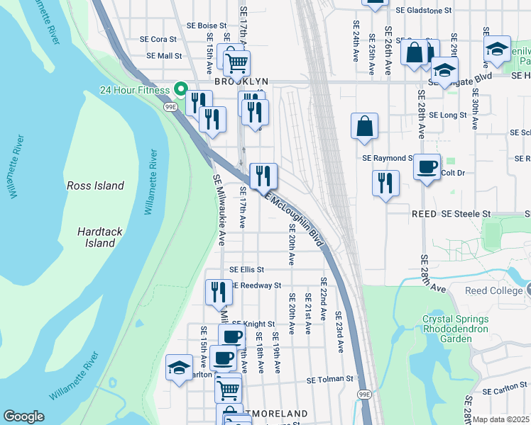 map of restaurants, bars, coffee shops, grocery stores, and more near 5319 Southeast 18th Avenue in Portland