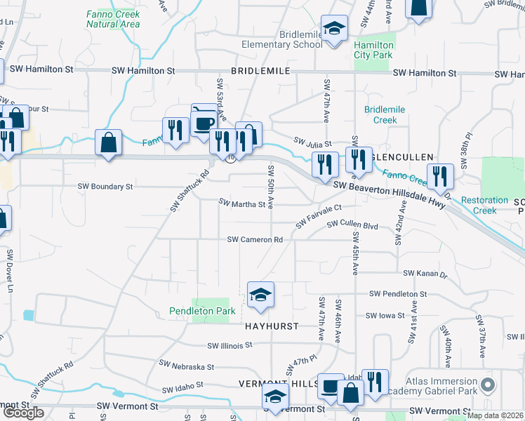 map of restaurants, bars, coffee shops, grocery stores, and more near 5016 Southwest Martha Street in Portland