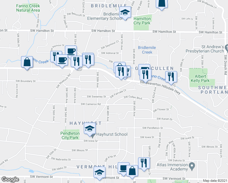 map of restaurants, bars, coffee shops, grocery stores, and more near 4754 Southwest Martha Street in Portland