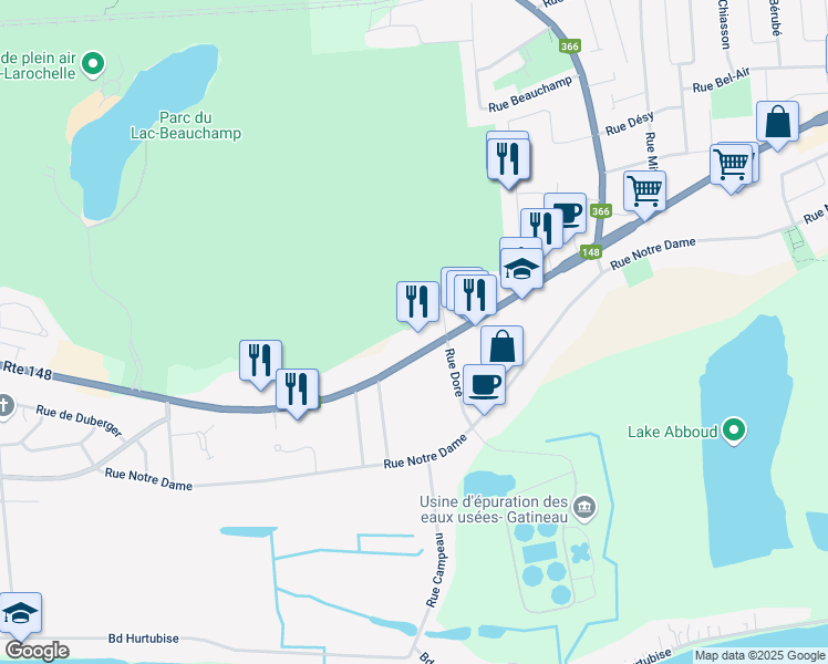 map of restaurants, bars, coffee shops, grocery stores, and more near 817 Rue Larouche in Gatineau
