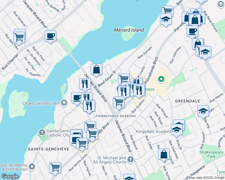 map of restaurants, bars, coffee shops, grocery stores, and more near 5000 Boulevard Jacques-Bizard in Montréal