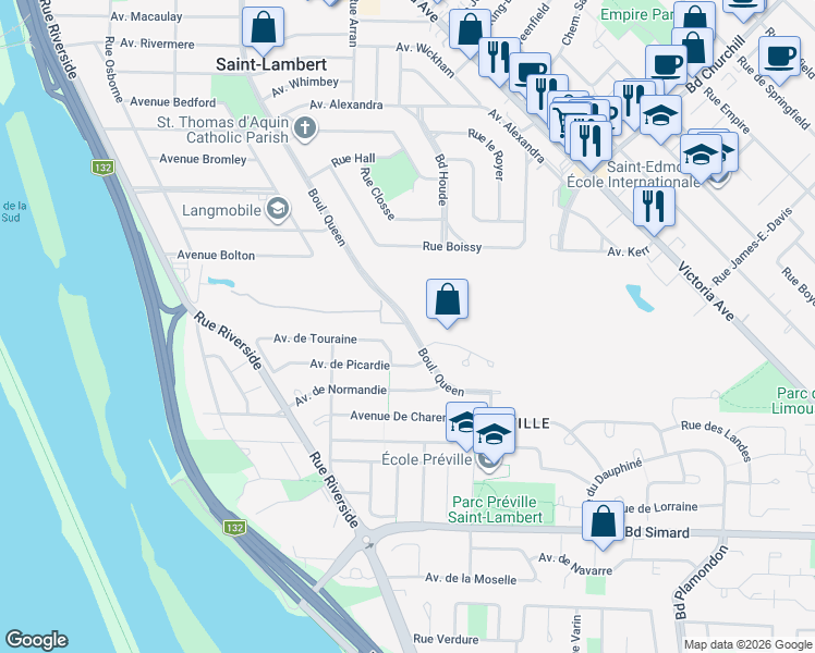 map of restaurants, bars, coffee shops, grocery stores, and more near 855 Boulevard Queen in Saint-Lambert