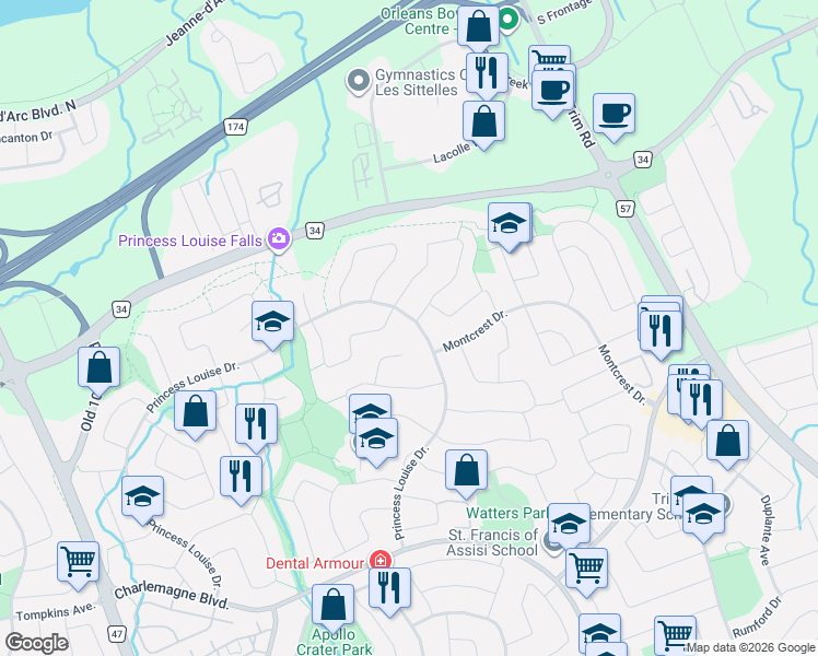 map of restaurants, bars, coffee shops, grocery stores, and more near 704 Princess Louise Drive in Ottawa
