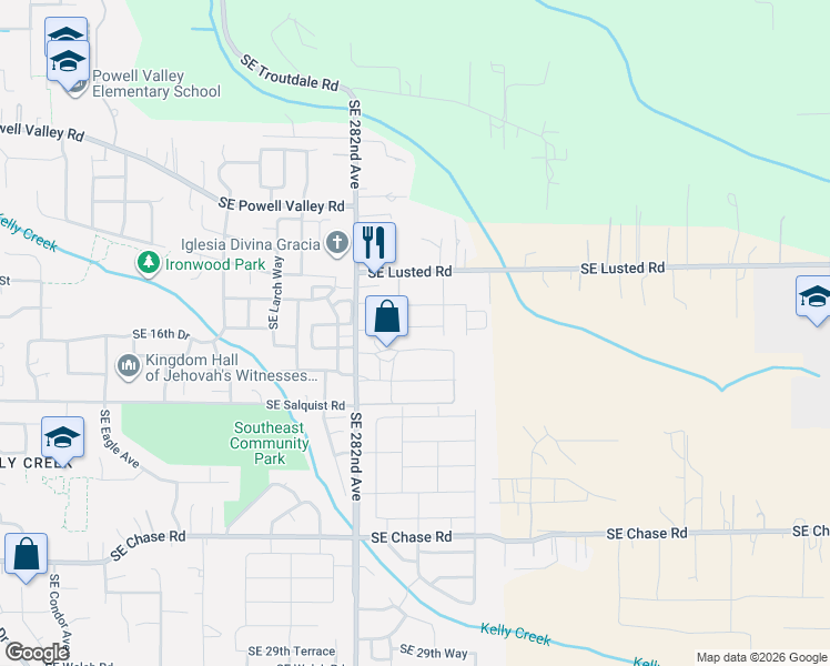 map of restaurants, bars, coffee shops, grocery stores, and more near 6144 Southeast 16th Street in Gresham