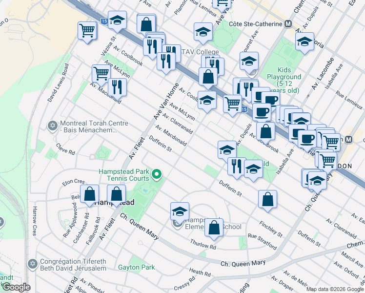 map of restaurants, bars, coffee shops, grocery stores, and more near 5902 Avenue Macdonald in Hampstead