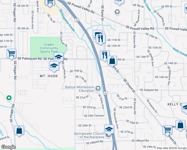 map of restaurants, bars, coffee shops, grocery stores, and more near 3200 Southeast Palmquist Road in Gresham