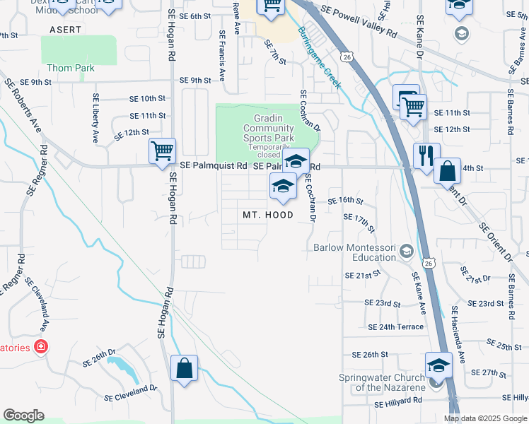 map of restaurants, bars, coffee shops, grocery stores, and more near 2351 Southeast 17th Alley in Gresham