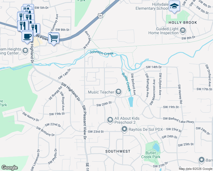 map of restaurants, bars, coffee shops, grocery stores, and more near 1760 Southwest Tegart Avenue in Gresham