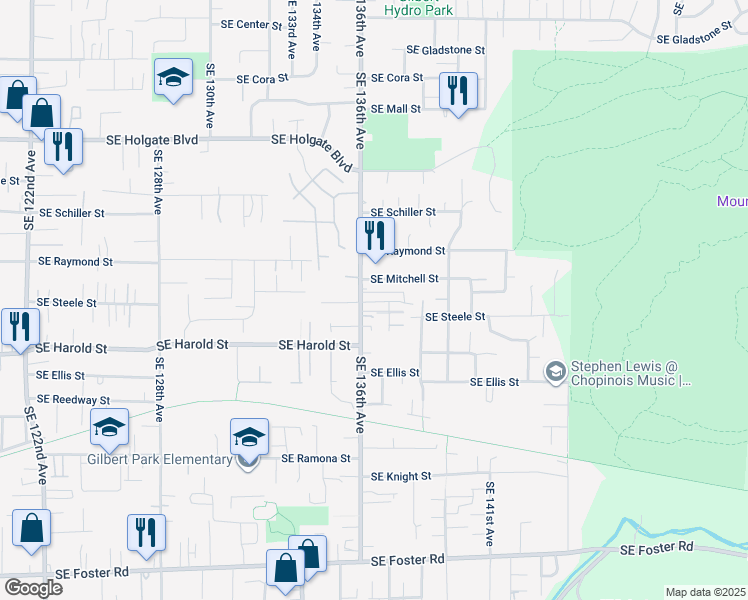 map of restaurants, bars, coffee shops, grocery stores, and more near 13630 Southeast Steele Street in Portland
