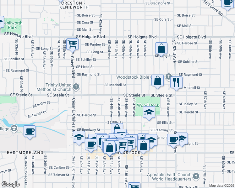 map of restaurants, bars, coffee shops, grocery stores, and more near 4528 Southeast Steele Street in Portland