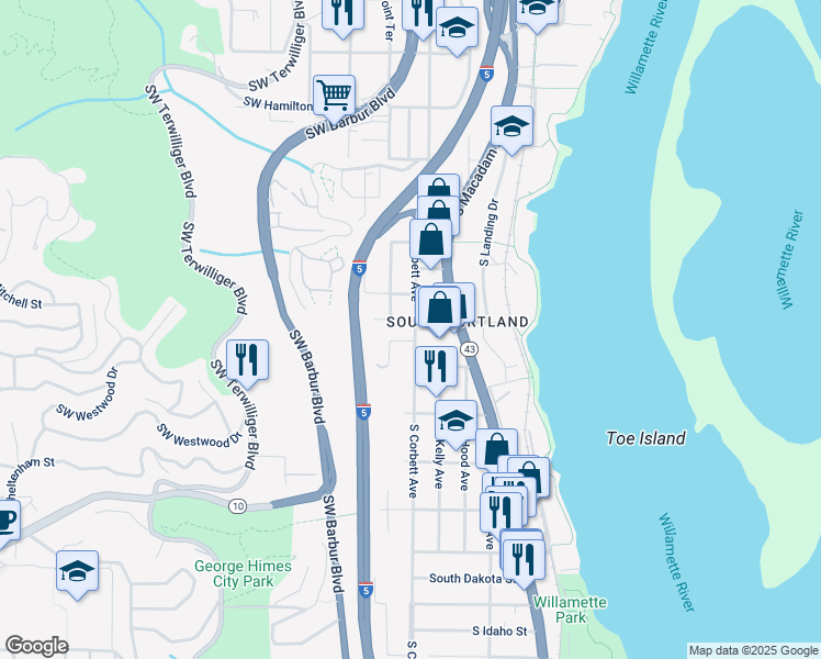 map of restaurants, bars, coffee shops, grocery stores, and more near 18 Southwest Boundary Court in Portland