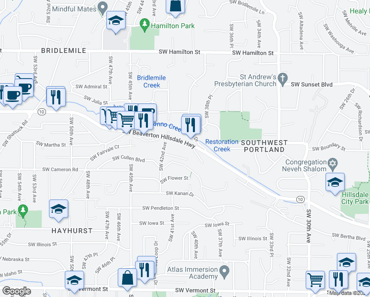map of restaurants, bars, coffee shops, grocery stores, and more near 3944 Southwest Beaverton Hillsdale Highway in Portland