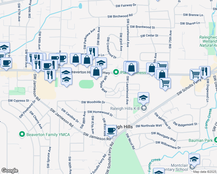 map of restaurants, bars, coffee shops, grocery stores, and more near 8350 Southwest Apple Way in Portland
