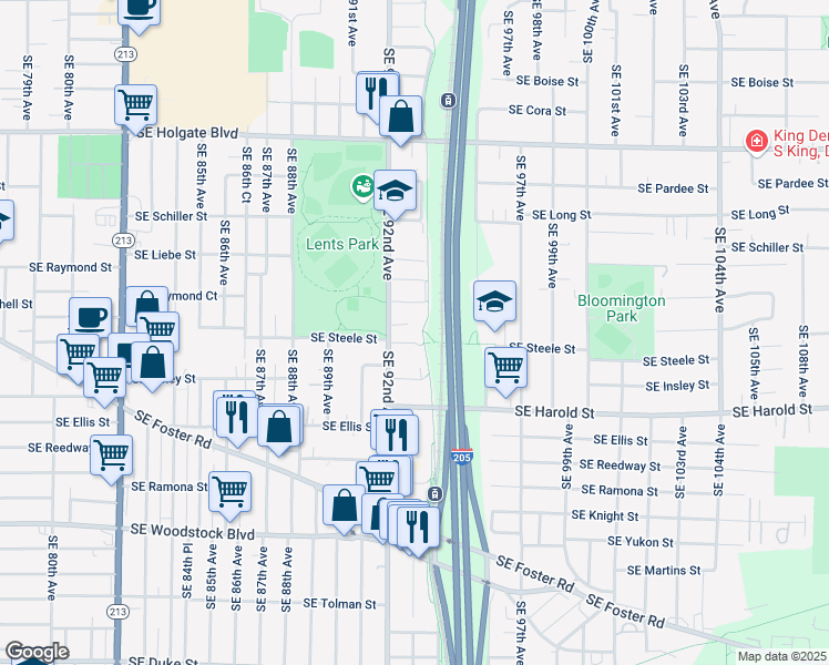 map of restaurants, bars, coffee shops, grocery stores, and more near 9220 Southeast Steele Street in Portland