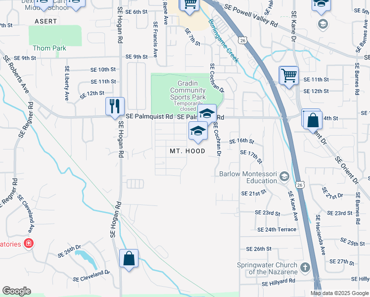 map of restaurants, bars, coffee shops, grocery stores, and more near 2351 Southeast 17th Alley in Gresham