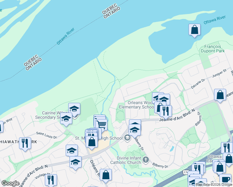 map of restaurants, bars, coffee shops, grocery stores, and more near 6362 Bilberry Drive in Ottawa