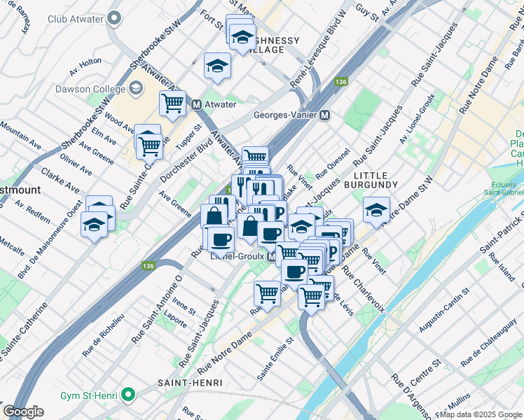 map of restaurants, bars, coffee shops, grocery stores, and more near 786 Avenue Atwater in Montréal