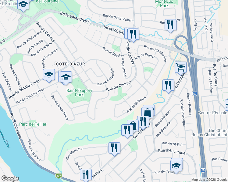 map of restaurants, bars, coffee shops, grocery stores, and more near 9 Rue de Miramas in Gatineau