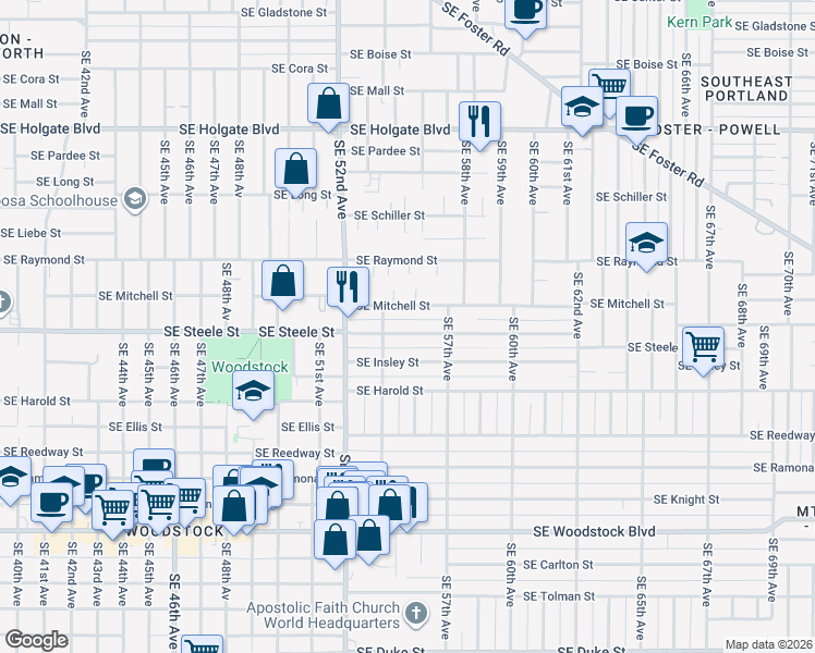 map of restaurants, bars, coffee shops, grocery stores, and more near 5517 Southeast Steele Street in Portland