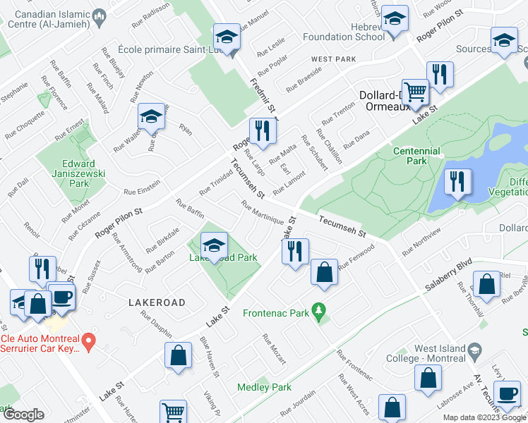 map of restaurants, bars, coffee shops, grocery stores, and more near 227 Rue Martinique in Dollard-des-Ormeaux