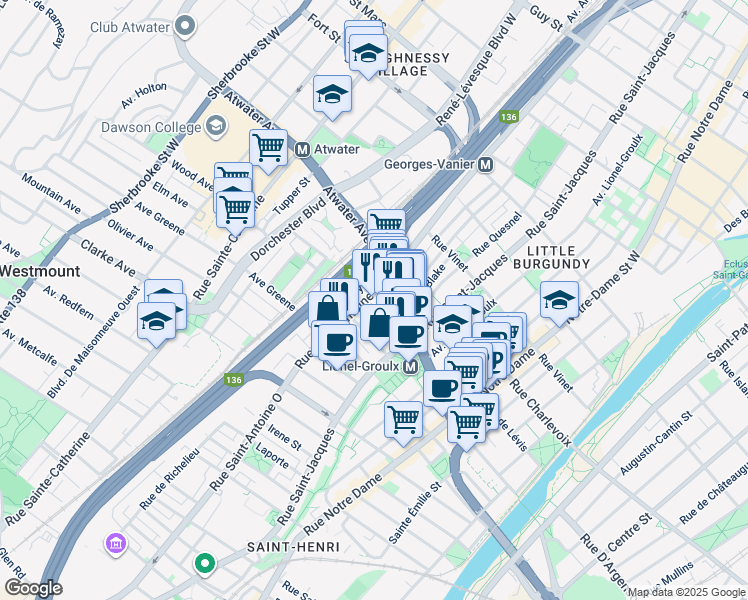 map of restaurants, bars, coffee shops, grocery stores, and more near 3068 Rue Saint-Antoine Ouest in Montréal