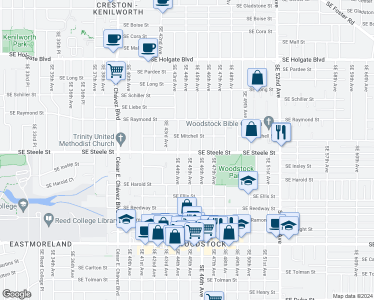 map of restaurants, bars, coffee shops, grocery stores, and more near 4528 Southeast Steele Street in Portland