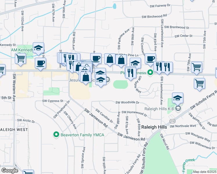 map of restaurants, bars, coffee shops, grocery stores, and more near 9000 Southwest Beaverton Hillsdale Highway in Portland