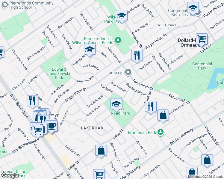 map of restaurants, bars, coffee shops, grocery stores, and more near 235 Rue Baffin in Dollard-des-Ormeaux