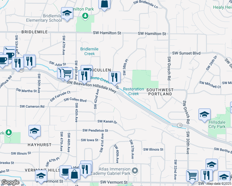 map of restaurants, bars, coffee shops, grocery stores, and more near 4026 Southwest Beaverton Hillsdale Highway in Portland