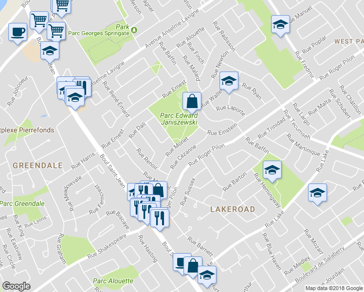 map of restaurants, bars, coffee shops, grocery stores, and more near 376 Rue Monet in Dollard-des-Ormeaux