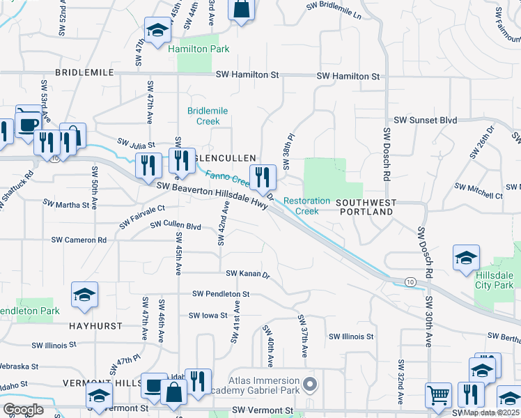 map of restaurants, bars, coffee shops, grocery stores, and more near 4026 Southwest Beaverton Hillsdale Highway in Portland