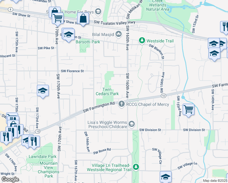 map of restaurants, bars, coffee shops, grocery stores, and more near 16235 Southwest Farmington Road in Beaverton