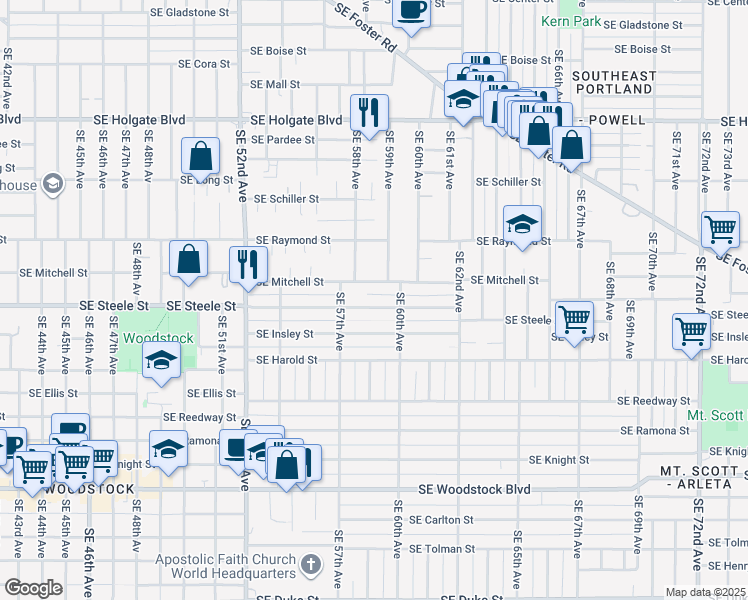 map of restaurants, bars, coffee shops, grocery stores, and more near 5825 Southeast Steele Street in Portland