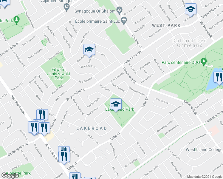map of restaurants, bars, coffee shops, grocery stores, and more near 235 Rue Baffin in Dollard-des-Ormeaux