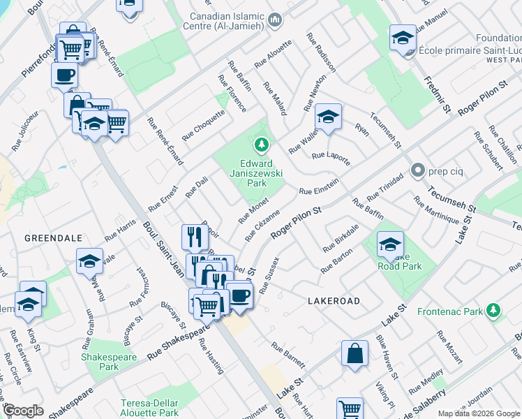 map of restaurants, bars, coffee shops, grocery stores, and more near 376 Rue Monet in Dollard-des-Ormeaux