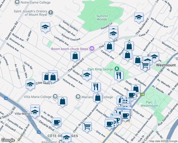 map of restaurants, bars, coffee shops, grocery stores, and more near 611 Avenue Lansdowne in Westmount