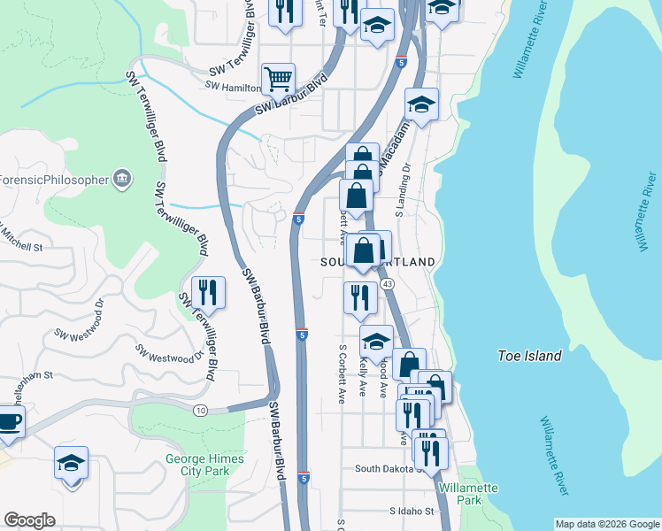 map of restaurants, bars, coffee shops, grocery stores, and more near 016 Southwest Boundary Street in Portland