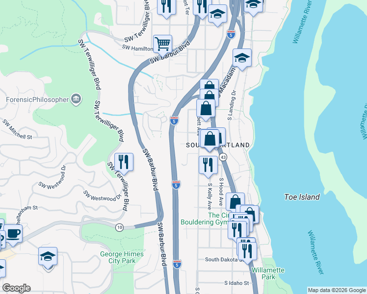 map of restaurants, bars, coffee shops, grocery stores, and more near 14 Southwest Boundary Street in Portland