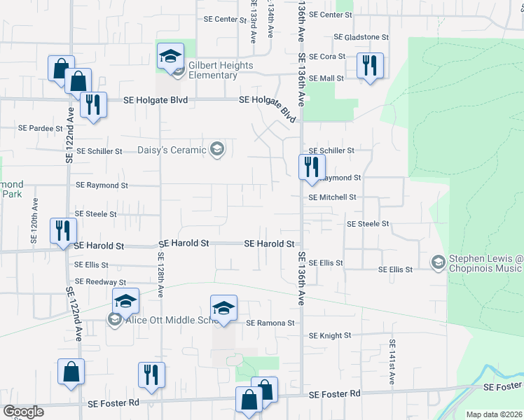 map of restaurants, bars, coffee shops, grocery stores, and more near 13406 Southeast Steele Street in Portland
